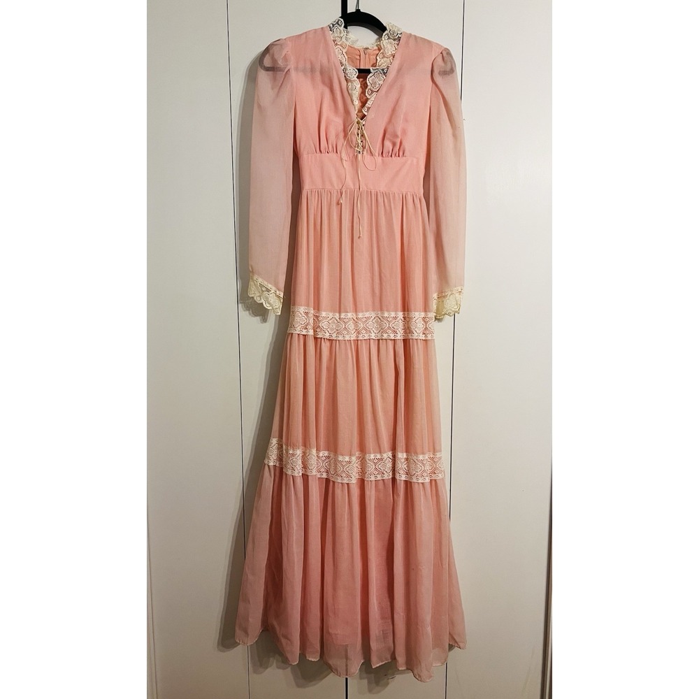 VTG 70s Roberta California Pink Prairie‎ Lace Maxi Dress Boho Cottagecore Size 9